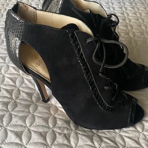 Isola Black Peep-Toe Heels with Snakeskin Trim